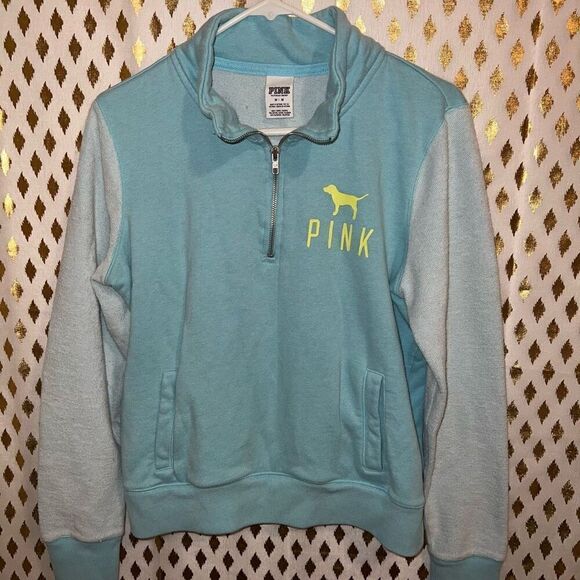 PINK Victoria's Secret Sweaters - Victoria's Secret PINK Half-Zip Light Blue Terrycloth Pull-Over size M